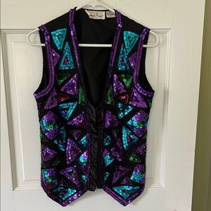 Laurence Kazar Black Sequined Geometric Vest with Purple & Teal Accents
